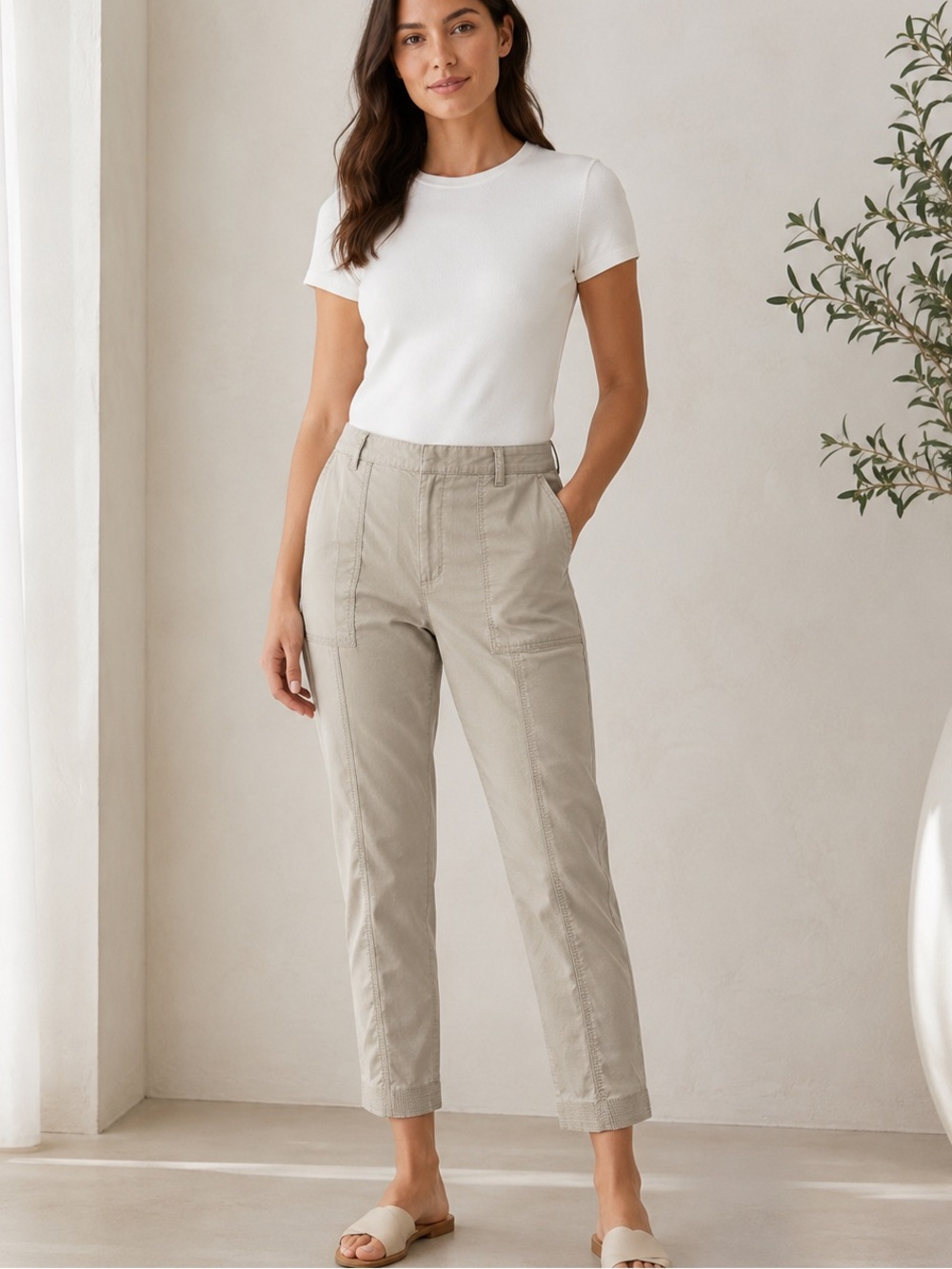 Eileen Fisher Beige Utility Ankle Pants Organic Cotton Tencel Stretch Small